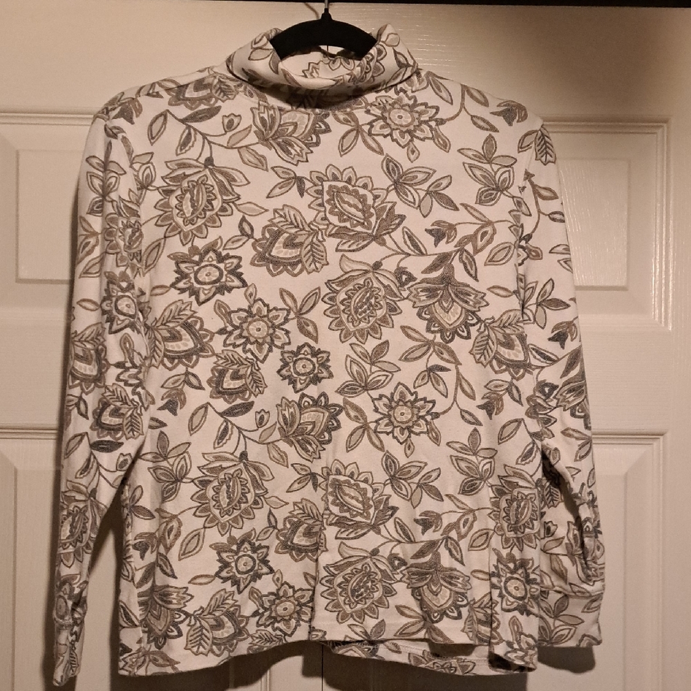 Karen Scott Cream and Brown Patterned Woman's cozy turtleneck Top